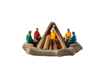 Miniature figures gathered around a cozy campfire on a wooden base with burning logs and bright flames under a white background