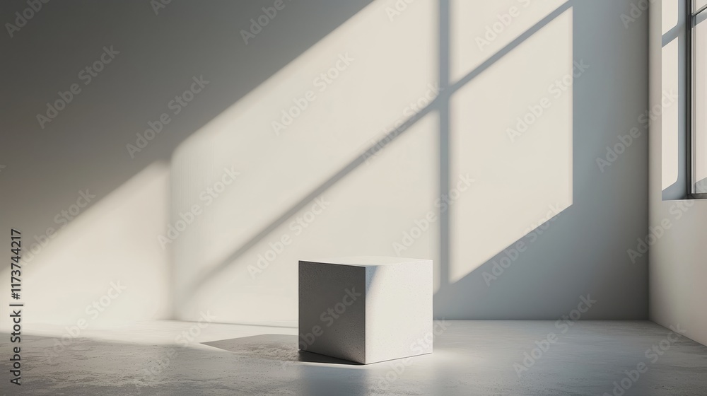 Poster minimalist design of a white cube in a sunlit room with long shadows casting across the floor and wa