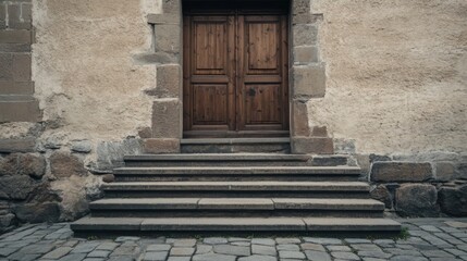Fototapeta premium Stone steps leading to a rustic wooden door set in an aged stone wall.