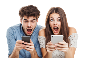 Young couple laughing and enjoying their time while using smartphones against a white background, showcasing a moment of connection and joy