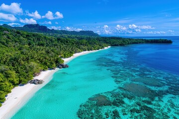 Fototapeta premium A stunning aerial view of a tropical beach with clear turquoise water, lush greenery, and a serene atmosphere under a bright blue sky.