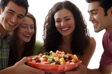 Group of friends joyfully sharing a large fruit salad on a white background in a cheerful gathering
