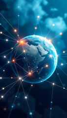 Fototapeta premium A global network of interconnected lighting connections on the Earth, digital data connection and cloud technology, blockchain technology, magazine photoshoot, with white tones