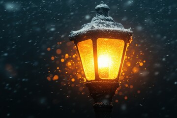 Snow-covered lamppost glowing warmly in the falling snow. A cozy winter scene.