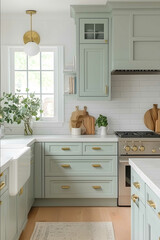 A modern kitchen with soft pastel mint green cabinetry white marble countertops and light oak floors accented by brass hardware