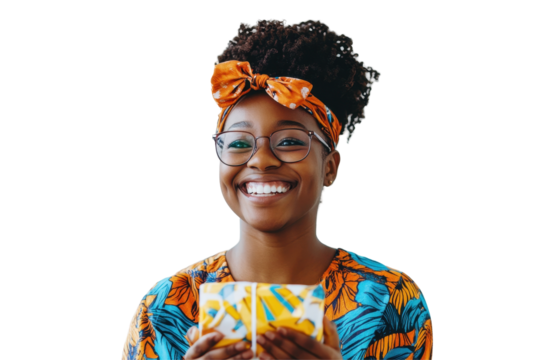 Excited woman holding a wrapped gift with an orange ribbon wearing a knit hat and sweater on a white background