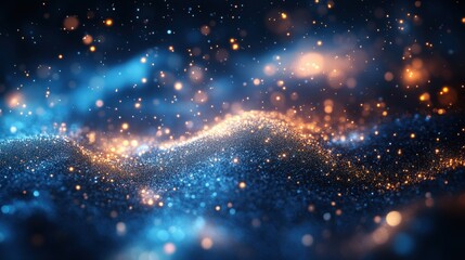 Abstract blue gold glittering particles background.