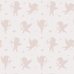 Romantic seamless pattern with cupid silhouette with bows, arrows, and hearts. Perfect for Valentine's Day cards, scrapbooking, invitations, posters, stickers, and romantic designs.