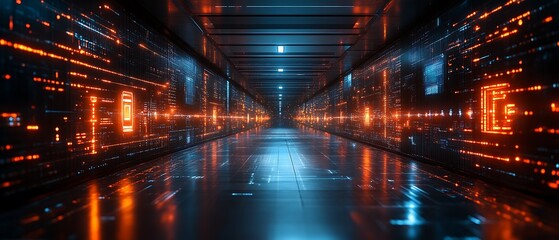 Futuristic digital corridor with glowing walls.