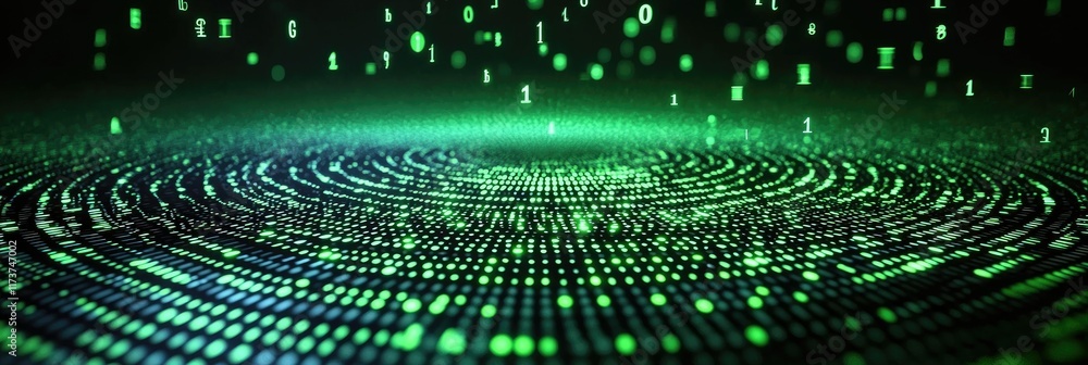 Poster abstract green digital data swirl, binary code background.