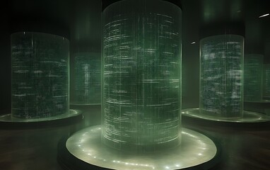 Green data cylinders in dark room.