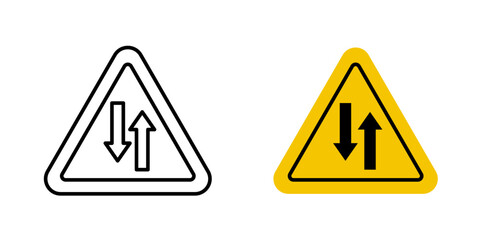 Two way traffic signs vectors set in black and red colors on white background.