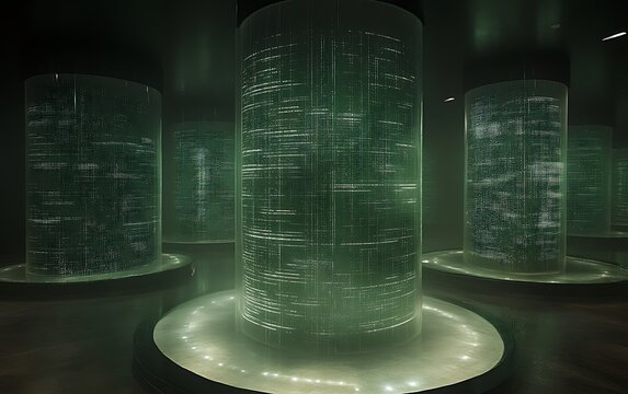Green data cylinders in dark room.