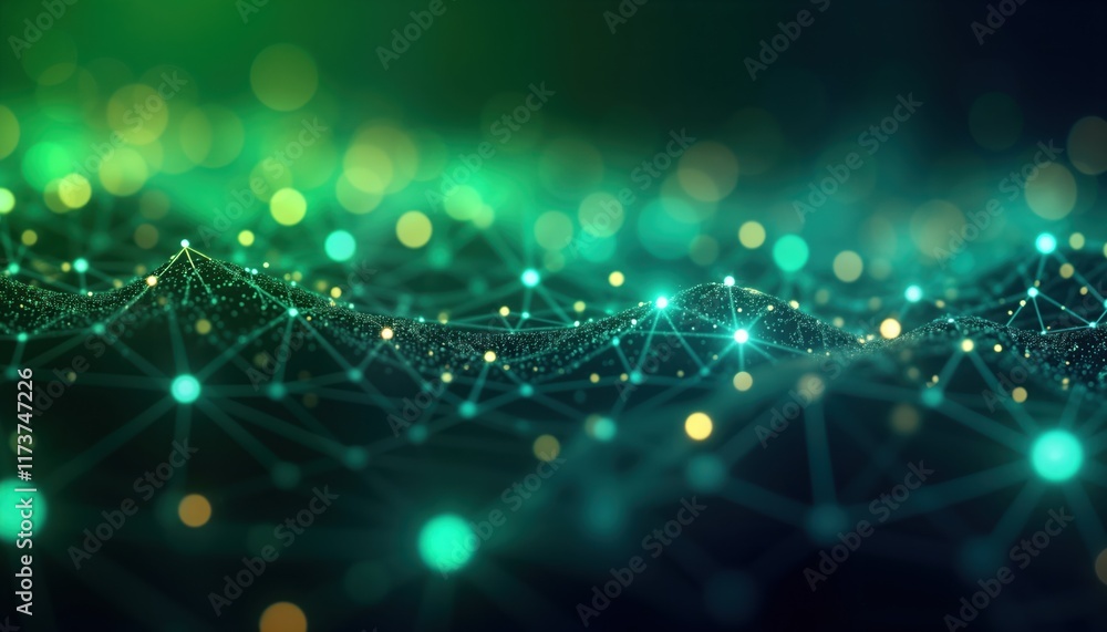 Poster abstract digital network background shows glowing particles connected by lines. dynamic green and bl