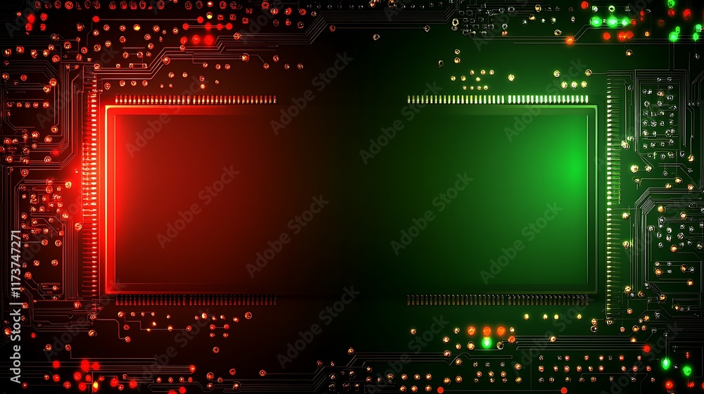 Poster abstract circuit board showing red and green processors