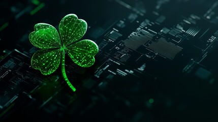 Digital four-leaf clover glowing on a dark tech background.  Good luck concept.