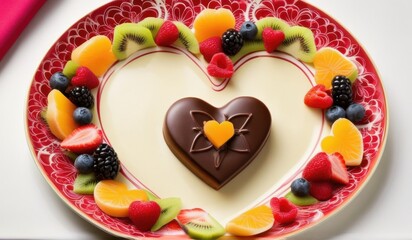 A decadent Valentine's Day spread featuring a heart-shaped chocolate dessert, surrounded by strawberries, chocolate candies, and heart-shaped decorations.