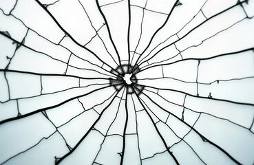 Obraz premium Shattered glass shows radial cracks. Central hole. Broken mirror windscreen. Abstract art. Broken glass pattern. Graphic design. Wreck of glass. Impact damage. Demolished object. Vandalism. Violence.