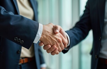 Business partners shaking hands in an office. Successful business deal. Pro greeting. Teamwork and partnership concept. Strong cooperation and collaboration. Trust and respect between colleagues.