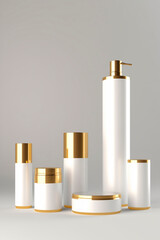 A luxurious set of cosmetic tubes and jars in sleek matte black with gold accents, minimalistic branding, and embossed textures, displayed elegantly on a reflective marble surface, soft lighting creat