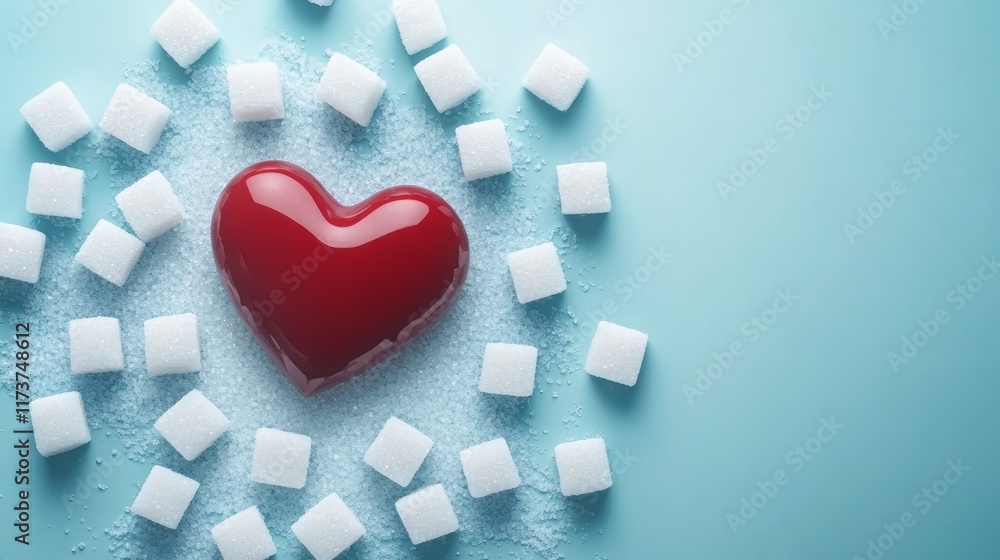 Poster red heart surrounded by sugar cubes on blue background symbolizing sugar's effect on health