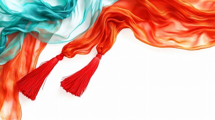 Fototapeta premium Elegant Teal and Orange Silk Scarf with Red Tassels