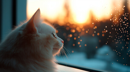 A fluffy cat perching on a windowsill.