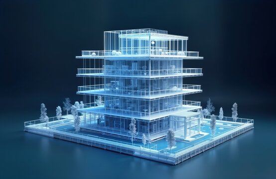Modern architecture building design visualization. Detailed 3D blueprint, schematic designs in architectural engineering. Structure design modern apartments. Highrise building with exterior