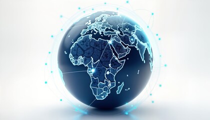 Digital globe illustration shows worldwide connection. Global network concept. Abstract sphere with illuminated map. Futuristic tech graphic. World map data displayed. Blue glowing lines connect