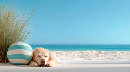 Fotobehang Dierenarts A lazy golden retriever resting at the beach, with a beach ball, with a backdrop of soft dunes, sea grass swaying in the breeze. Copy space.  © El So