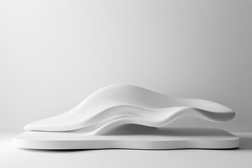 
Asymmetrical 3D podium with wavy steps, modern design, glossy ceramic material, pure white background
