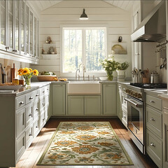 A kitchen with white cabinets and light green trim featuring an allyear round patterned carpet in the center of the room The design includes small flowers and leaves on