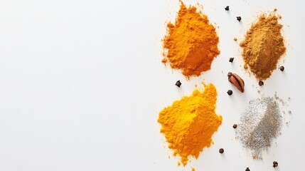 Vibrant Turmeric, Cinnamon, and Spice Powder Blend on White Background