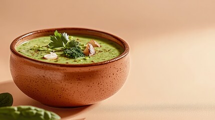 Green cream soup in a bowl on a minimalistic background, healthy vegetarian food concept, diet-friendly and nutritious meal photography.
