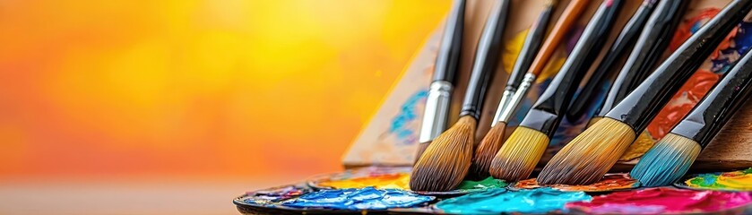 Fototapeta premium A vibrant array of paintbrushes rests on a colorful palette, set against a warm, blurred background, showcasing tools of creativity and artistry.