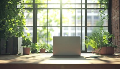 A modern laptop is placed on the table, with large windows in front of it and green plants outside.