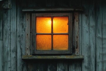 Warm light glows from a rustic window in a weathered wooden building, creating a cozy and inviting atmosphere.