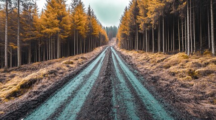 Naklejka premium Moody Forest Road Autumn Scenery Dirt Path