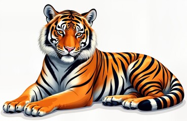 Obraz premium Majestic tiger illustration isolated on white background. Powerful predator rests, wild beauty, strength. Image perfect for zoo, safari, nature themed designs, prints, posters. Exotic, ferocious big