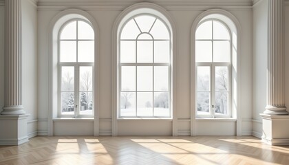 Spacious room with large arched windows winter landscape. Classic architecture design with ornate details. Elegant, symmetric structure. Light, shadows on wooden floor. Vintage style. Timeless