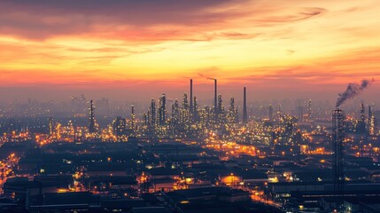 Industrial Sunset: A Panorama of Refinery at Dusk