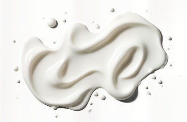 Cosmetic product texture sample with smooth white cream gel. Fluid forms flowing composition. White drops, streaks make up elegant texture. Excellent for skincare, beauty products. Smooth, glossy