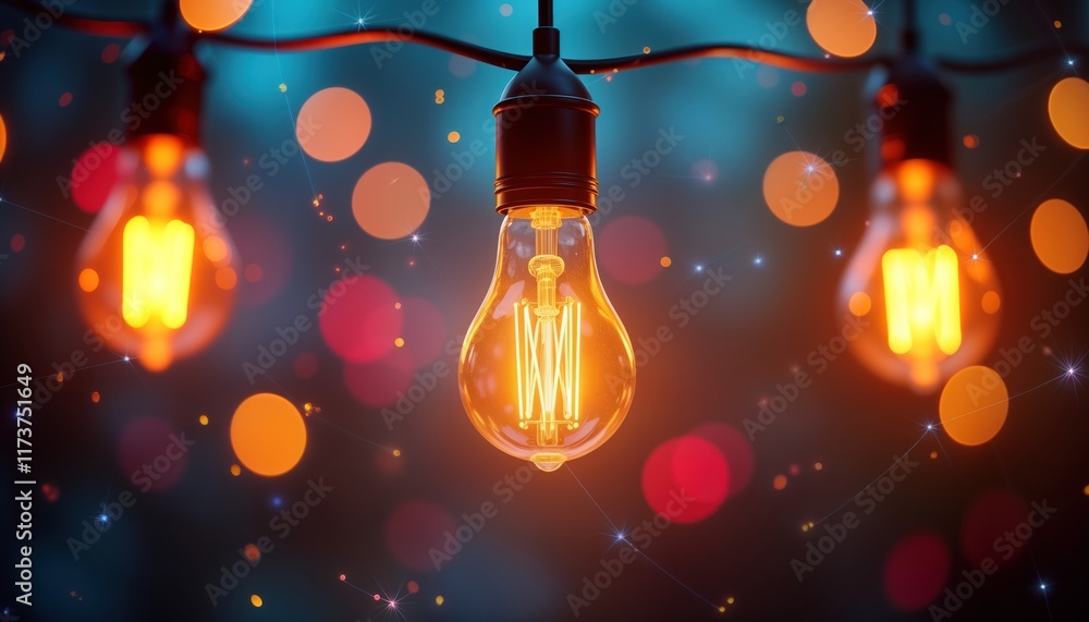 Poster glowing light bulbs create abstract network pattern. bokeh lights make modern design. idea innovatio