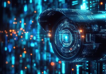 A futuristic digital security camera with glowing blue lights and holographic data visualization, set against an abstract background of a dark cityscape