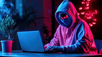 A hooded figure types on a laptop, surrounded by colorful lights and a plant, creating a mysterious and tech-savvy atmosphere.