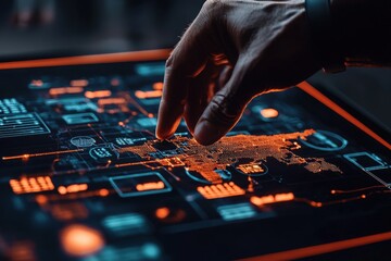 Naklejka premium Cybersecurity threats ai holographic maps in defense workspaces