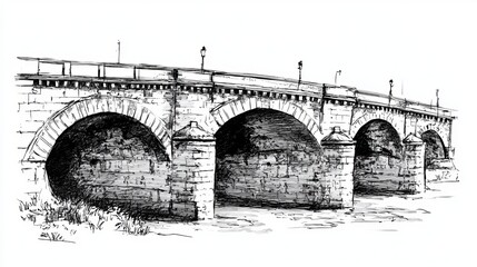 Hand-Drawn Sketch of an Ancient Bridge in Paris, France: Black and White Urban Illustration on White Background