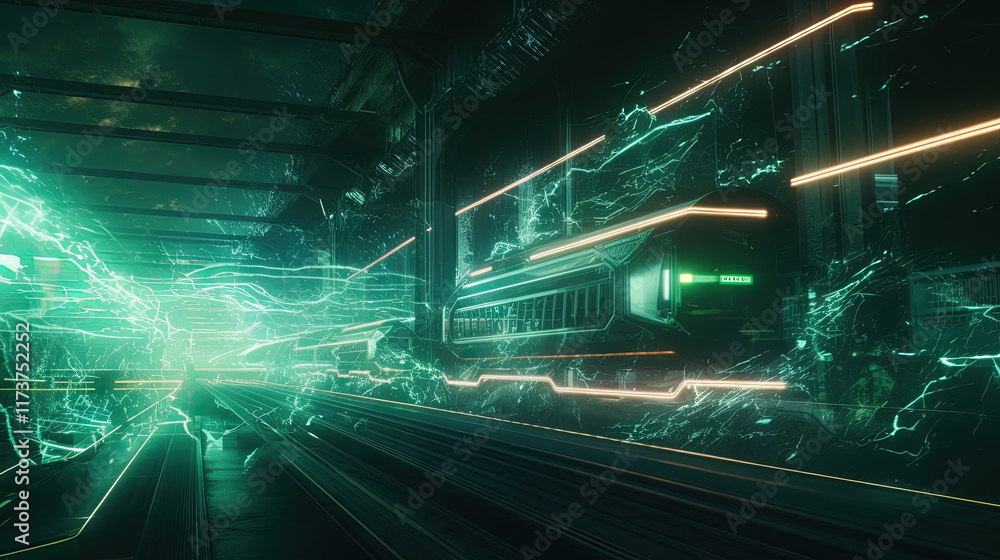 Poster abstract light streaks in a dynamic digital space with glowing green elements