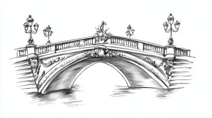 Obraz premium Hand-Drawn Sketch of an Ancient Bridge in Paris, France: Black and White Urban Illustration on White Background