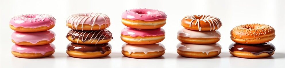 Stacked glazed donuts in various colors displayed on white background. Sweet treats with pink icing, chocolate icing, white icing in stacks. Yummy dessert bakery items. Delicious glazed, frosted